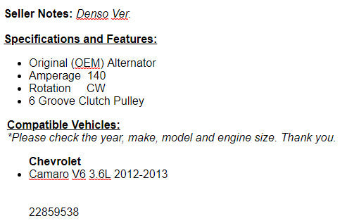 New Alternator For Chevy Camaro 2012-2013 (3.6L) 14021n