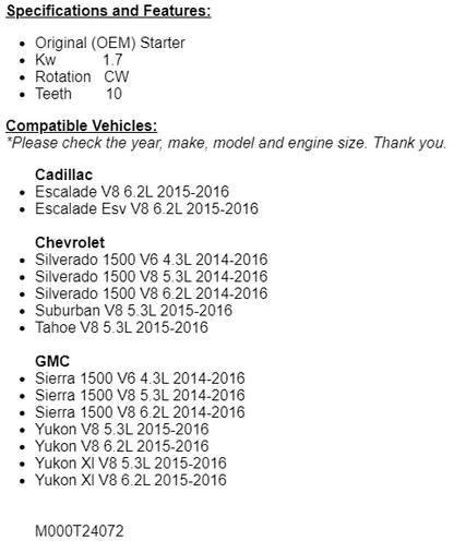 For Cadillac Escalade 6.2L, Chevy Silverado 1500 2015-2016 Starter OEM 10910r