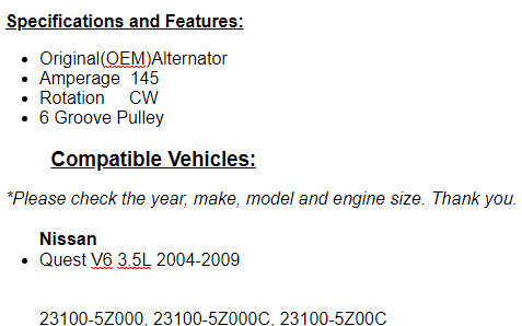 New Alternator For 2004 2005 2006 2007 2008 2009 Nissan Quest 3.5L