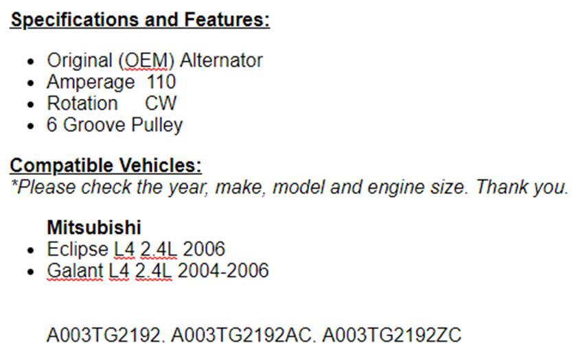 AlternatorFor Mitsibishi Eclipse 2006 2.4L, Galant 2004 2005 2006 OEM