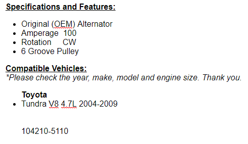 Alternator For Toyota Tundra 2004 2005 2006 2007 2008 2009 4.7L
