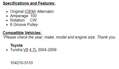 Alternator For Toyota Tundra 2004 2005 2006 2007 2008 2009 4.7L