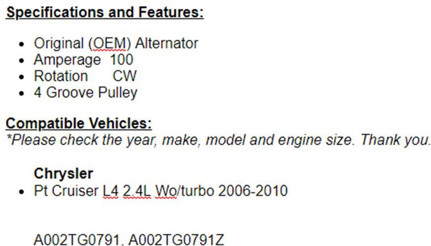New Alternator For Chrysler PT Cruiser 2006-2010 (2.4L) Without Turbo
