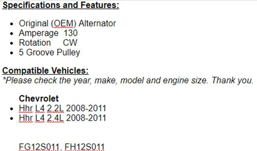New Alternator Fits 2008 2009 2010 2011 Chevy HHR (2.2L-2.4L)