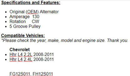 Fits Chevy HHR 2008 2009 2010 2011 (2.2L-2.4L) Alternator OEM