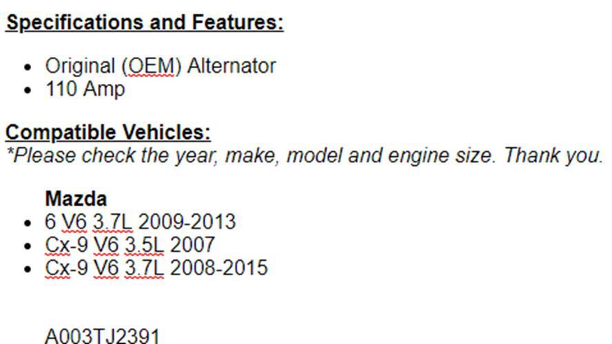 For Mazda 6 2009 2010 2011 2012 2013 (3.7L) Alternator OEM