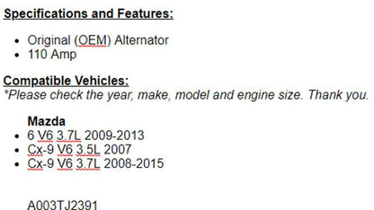 For Mazda 6 2009 2010 2011 2012 2013 (3.7L) Alternator OEM