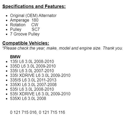 For BMW 135i 335d 335is 335xi 535xi , 335i 535i xdrive 2007-2010 Alternator