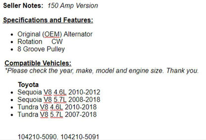 (150 Amp) Alternator Fits Tundra 2007-2009 2010 2011 2012 2013-2016 (5.7L) OEM