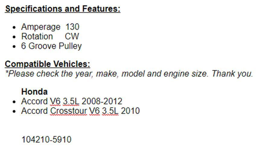 New Alternator For Honda Accord 2008 2009 2010 2011 2012, 3.5L