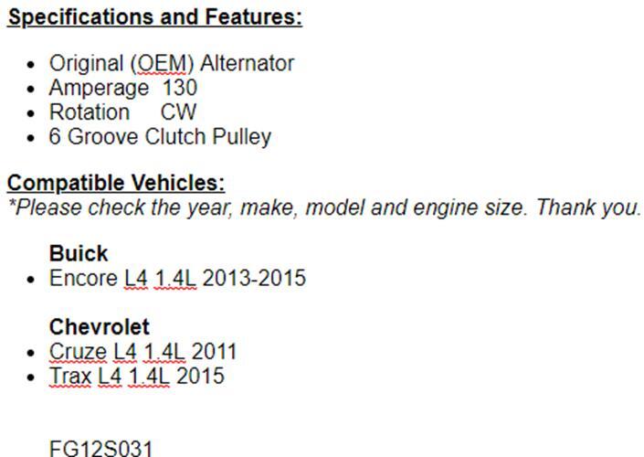 OEM Alternator For Buick Encore 2013-2015 (1.4L), 2011 Chevy Cruze 1.4L