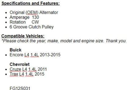 OEM Alternator For Buick Encore 2013-2015 (1.4L), 2011 Chevy Cruze 1.4L