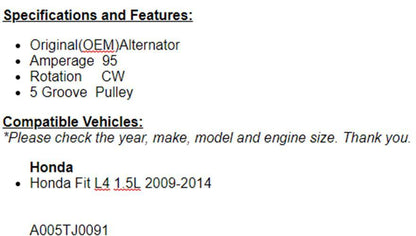 Alternator For Honda Fit (1.5L) 2009 2010 2011 2012 2013 2014 OEM