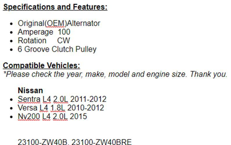 Fits Nissan Sentra 2011-2012 (2.0L), 2010-2012 Versa 1.8L OEM Alternator