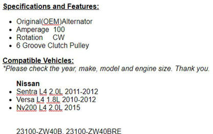 Fits Nissan Sentra 2011-2012 (2.0L), 2010-2012 Versa 1.8L OEM Alternator