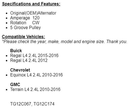 New Alternator Fits Chevy Equinox GMC Terrain 2010 2011 2012 2013-2016 (2.4L)