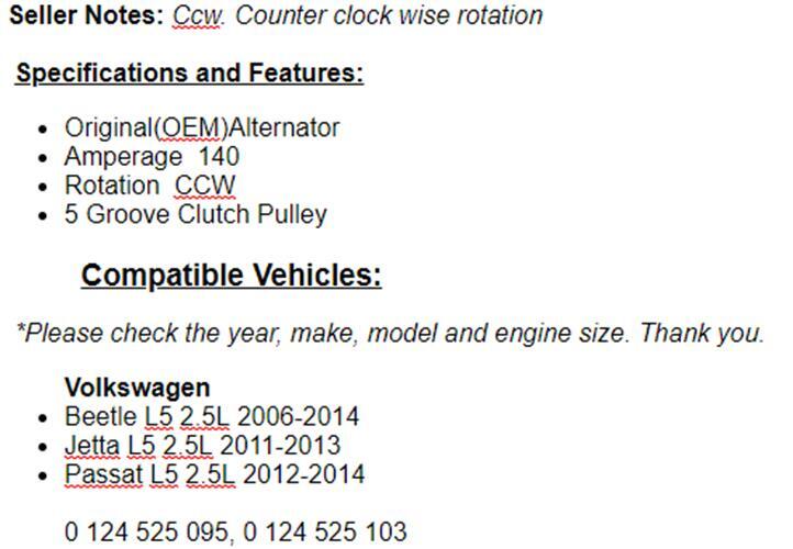 New Alternator For Volkswagen  2011-13 Jetta 2.5L, Passat 2012-2014 (2.5L)