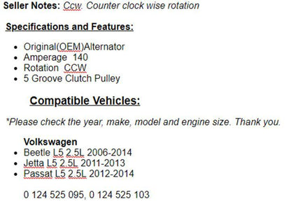 New Alternator For Volkswagen  2011-13 Jetta 2.5L, Passat 2012-2014 (2.5L)