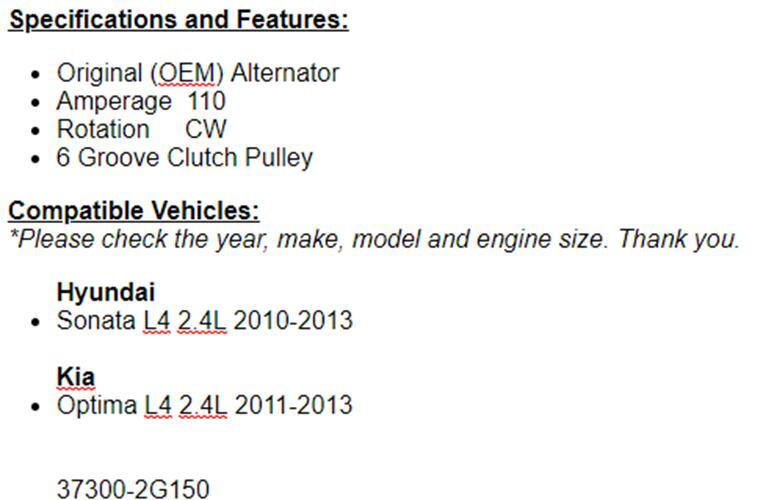 New Alternator For 2011 2012 2013 2.4L Kia Optima, Hyundai Sonata 2010 2011-2013