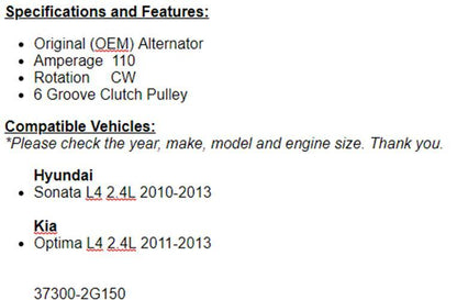 New Alternator For 2011 2012 2013 2.4L Kia Optima, Hyundai Sonata 2010 2011-2013