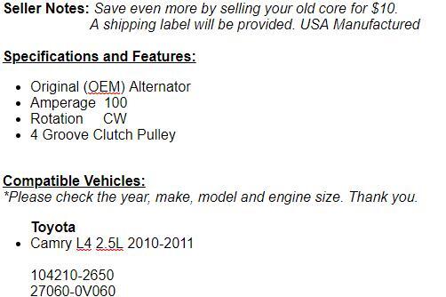 For Toyota Camry (2.5L) 2010-2011 Alternator