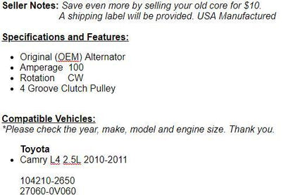 For Toyota Camry (2.5L) 2010-2011 Alternator