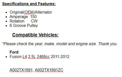OEM Alternator For Ford Fusion 2011 2012 (2.5L)