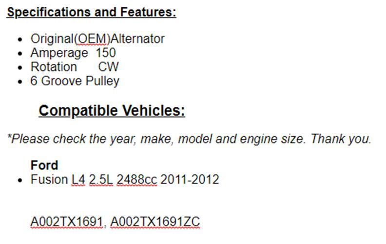 New Alternator For 2011-2012 (2.5L) Ford Fusion