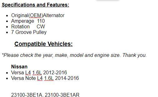 New Alternator Fits Nissan Versa 2012 2013-2016, (1.6L) 2014-2016 Versa Note