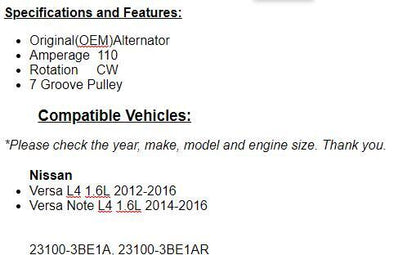 Alternator Fits Nissan Versa 2012 2013 2014-2016, (1.6L) 2014-2016 Versa Note