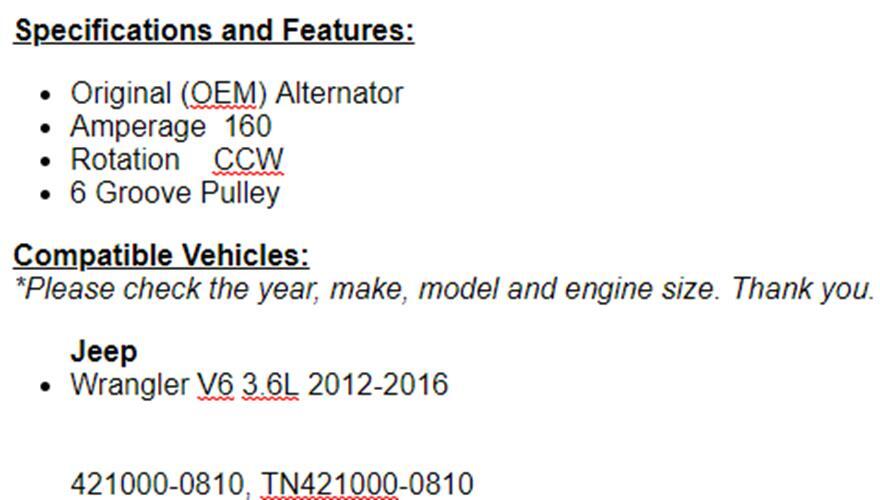 (160 Amp) OEM Alternator For Jeep Wrangler 2012 2013 2014 2015 2016 (3.6L)