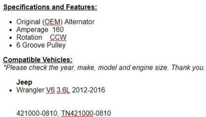 (160 Amp) OEM Alternator For Jeep Wrangler 2012 2013 2014 2015 2016 (3.6L)