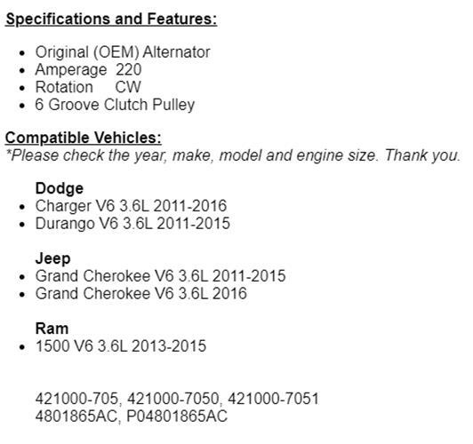 (220 Amp) New Alternator For Grand Cherokee 2011-2016 (3.6L) and Dodge Charger