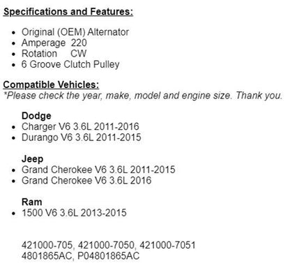 (220 Amp) New Alternator For Grand Cherokee 2011-2016 (3.6L) and Dodge Charger