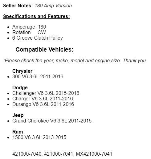 (180 Amp) Fits Dodge Durango 2011 2012 2013-2016, 2015-16 Challenger Alternator