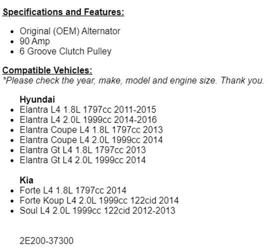 Alternator Fits Hyundai Elantra (1.8L) 2011 2012 2013 2014 2015
