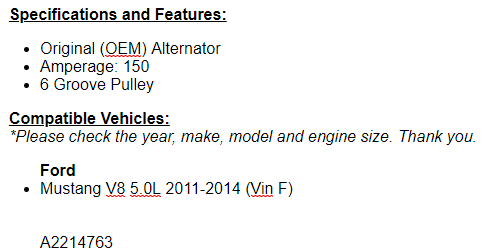 New Alternator For Fits Mustang 2011-2014 (5.0L) Automatic 2013 explorer