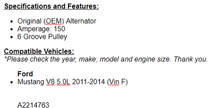 New Alternator For Fits Mustang 2011-2014 (5.0L) Automatic 2013 explorer