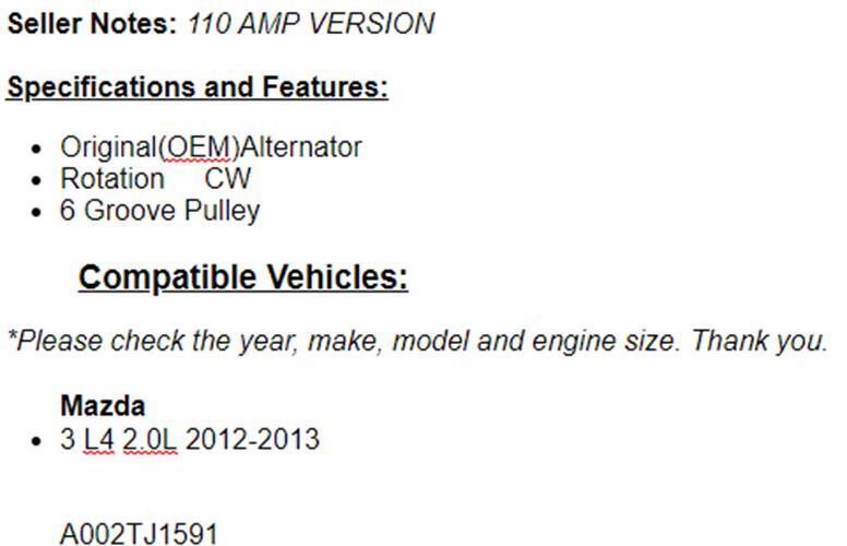 New |OEM Alternator Fits Mazda 3 2012-2013 (2.0L) 110 AMP Ver.