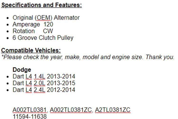 OEM Alternator For Dodge Dart 2013-2014 (1.4L), 2013-15 Dart 2.0L