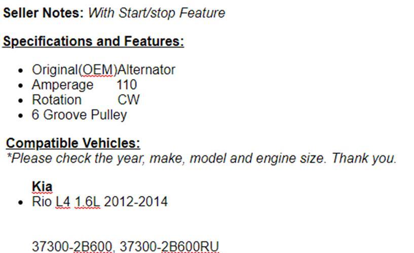 Alternator For Kia Rio 1.6L 2012-2013 (2014-2017 w/start-stop equipped) 110AMP
