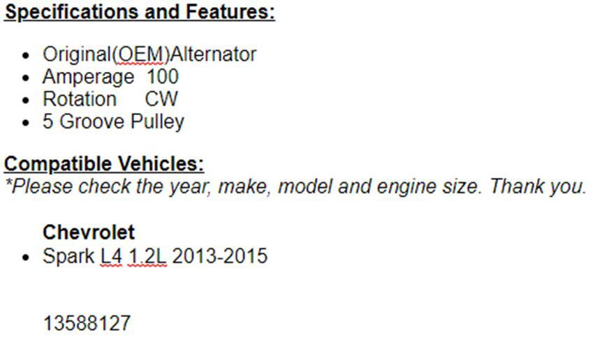 New Alternator For Chevy Spark 2013 2014 2015 (1.2L) 11646n