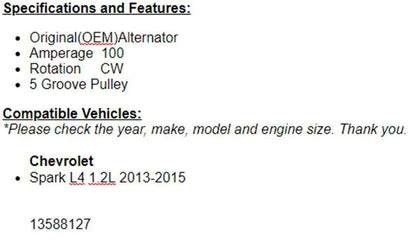 New Alternator For Chevy Spark 2013 2014 2015 (1.2L) 11646n