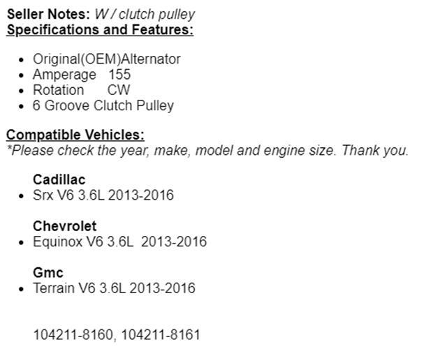 New Alternator For Cadillac SRX, Equinox, Terrain 2013 2014 2015 2016 3.6L