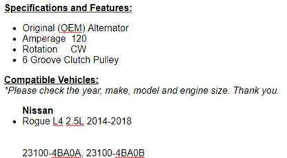 New Alternator For 2014 2015 2016 2017 2018 (2.5L) Nissan Rogue