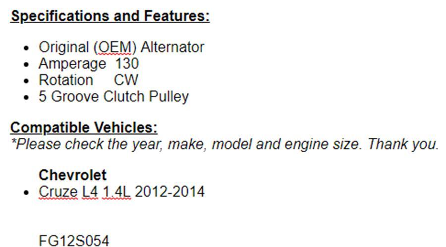For Chevrolet Cruze 2012-2015, 2016 Cruze Limited 1.4L OEM Alternator