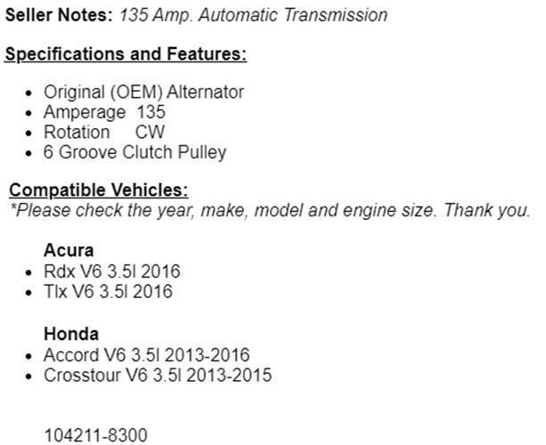 (135 Amp) New Alternator For Honda 2013-2015 Crosstour (3.5L), Accord 2013-2016