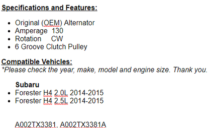 OEM Alternator For Subaru Forester 2014-2015 (2.0-2.5L)