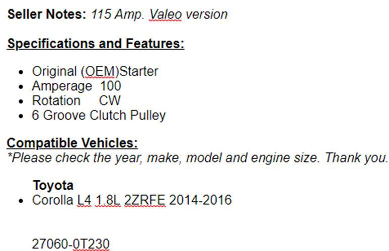 115AMP For Toyota Corolla 2014 2015 2016 2017 2018 (1.8L) Alternator
