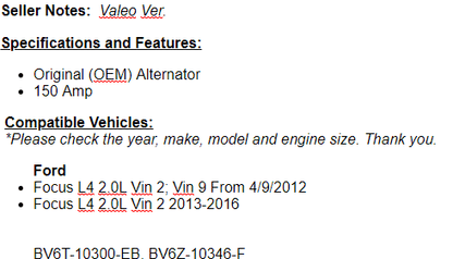 New Alternator For 2012 2013 2014 2015 2016 Ford Focus (2.0)